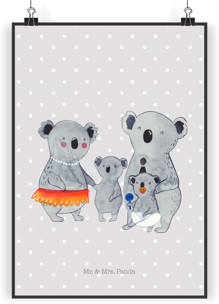 Mr. & Mrs. Panda Bild Koala Familie DIN A4 - Grau Pastell - Geschenk, wanddeko, Wandbild, Plakat, kunstdruck poster, drucke, Muttertag, Kinder, Ges...