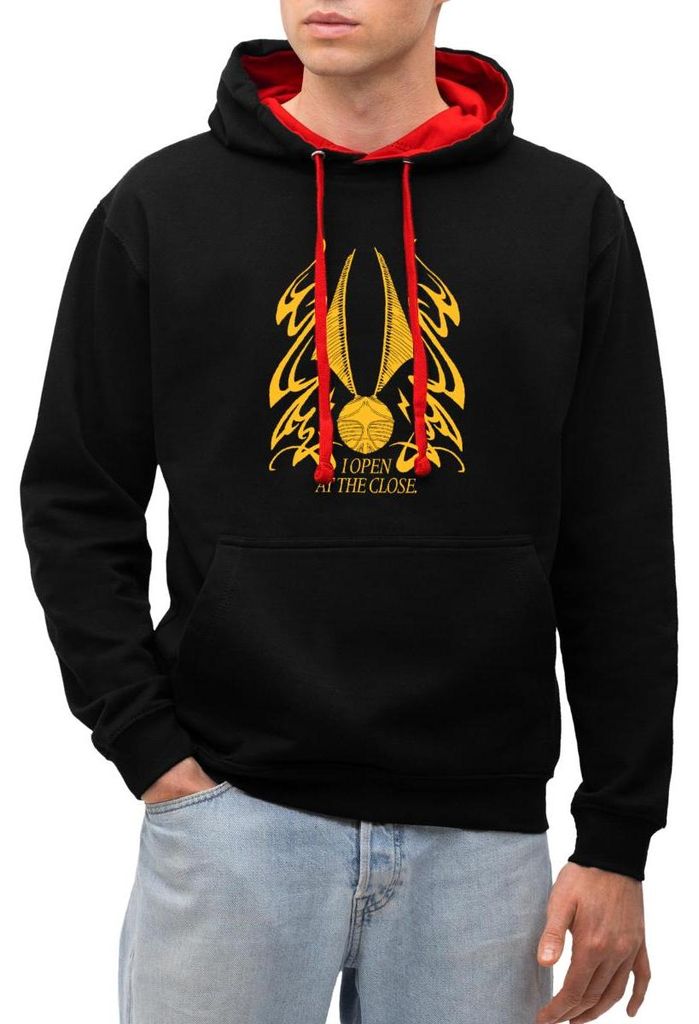 Spreadshirt Harry Potter Goldener Schnatz I Open At The Close Uni Kontrast Hoodie, S, Schwarz/Rot