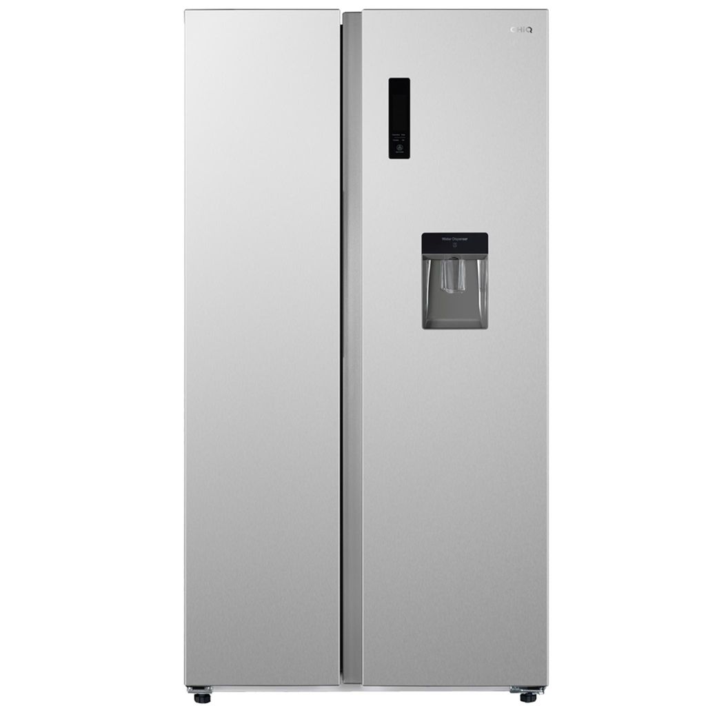 A side-by-side refrigerator with a water dispenser and a digital display.