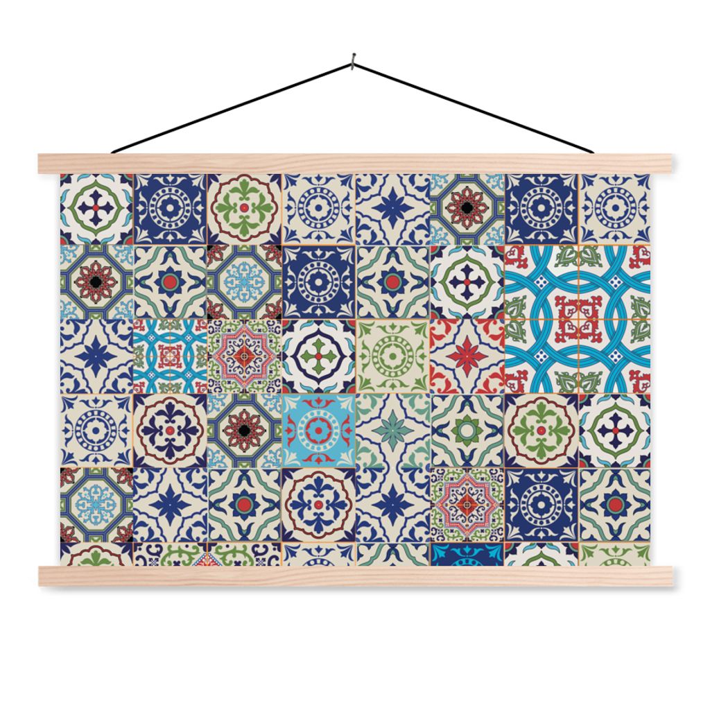 MuchoWow Textilposter Blumen - Muster - Grün - Blau 120x80 cm mit holzfarbenen Rahmen - Aufhängeset