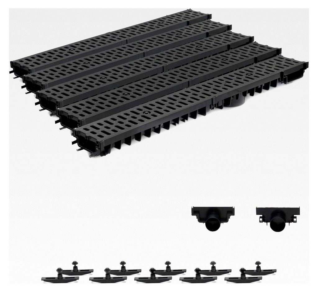 5m Entwässerungsrinne Terrassenrinne Stegrost Kunststoff komplett SET, System A15 70mm, Schwarz Classic