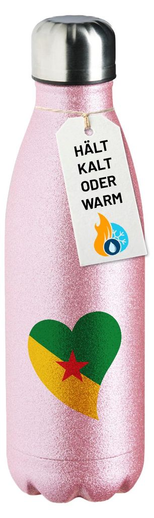Huuraa Trinkflasche Französisch-Guayana Flagge Herz 500ml Pink Edelstahl Wasserflasche Trinkflasche Geschenkidee