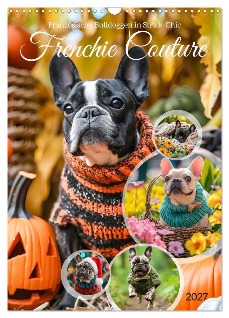 Frenchie Couture - Französische Bulldoggen in Strick-Chic (Wandkalender 2027 DIN A3 hoch), CALVENDO Monatskalender
