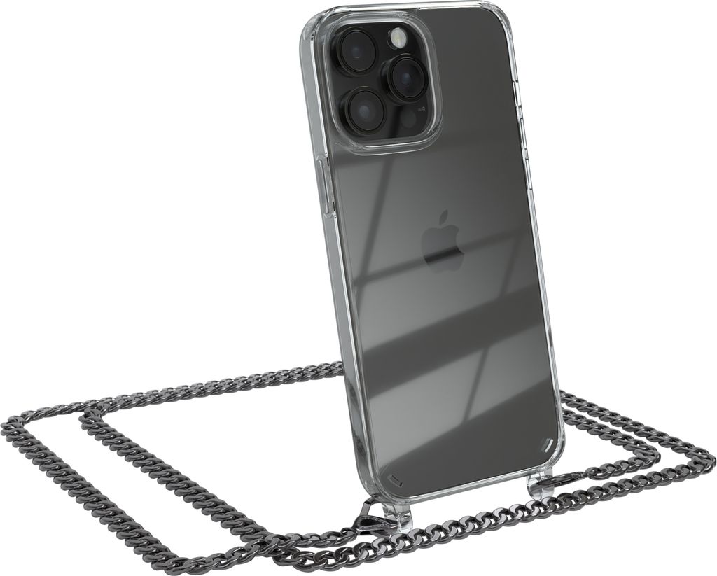 EAZY CASE Metall Handykette für Apple iPhone 14 Pro Max, Handyhülle mit Umhängeband, Silikonhülle, Metallkette für Smartphone in Grau