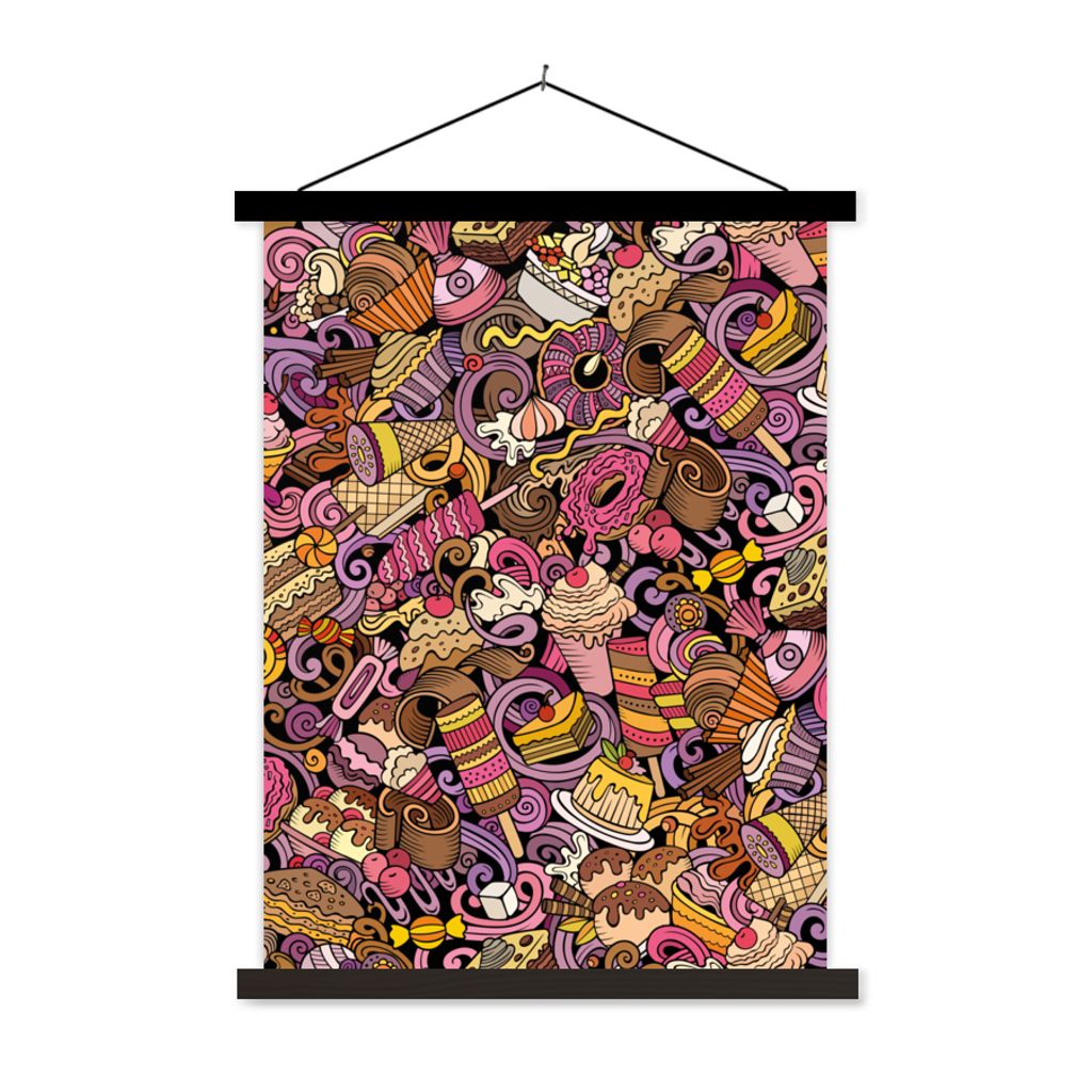 MuchoWow Textilposter Lebensmittel - Torte - Muster - Design - Donut - Kind 40x53 cm mit schwarzem Rahmen - Abbildung