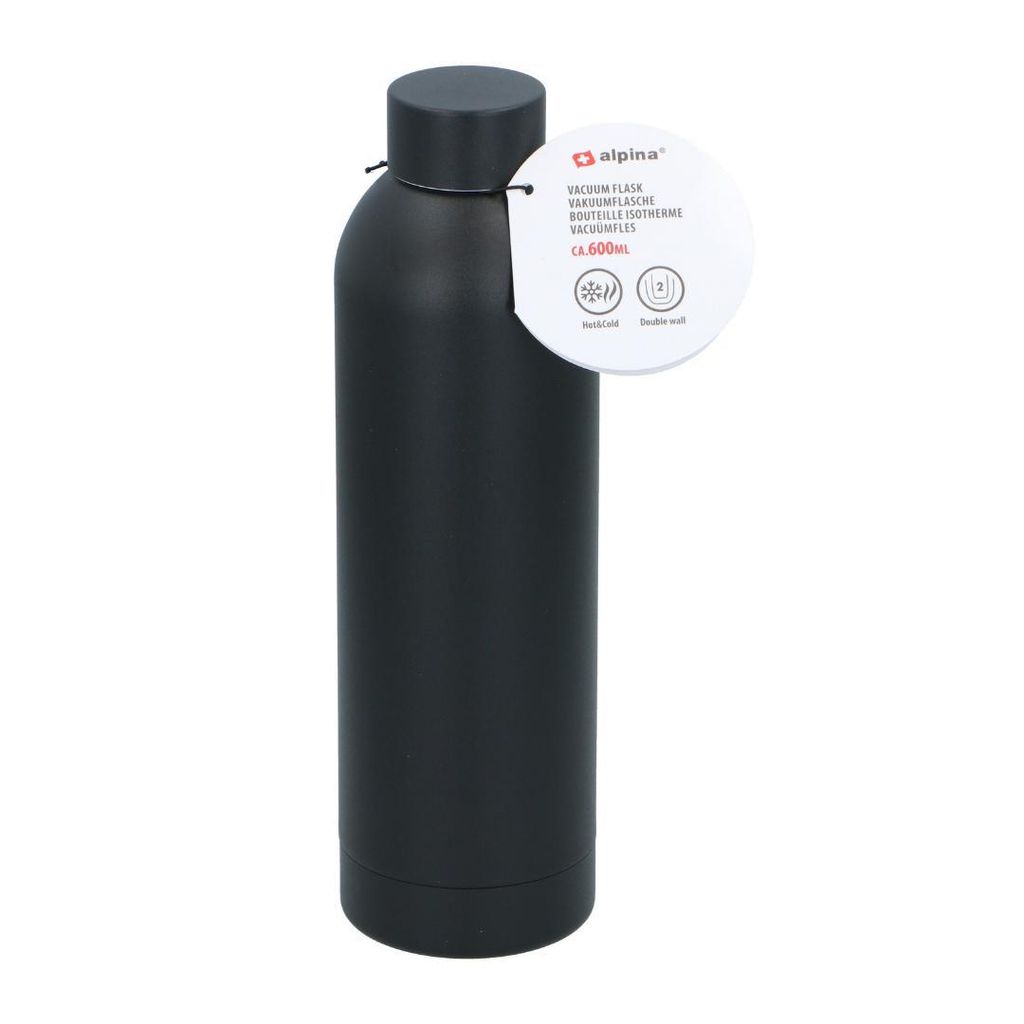 ALPINA Alu Trinkflasche 600ml Schwarz Flasche Auslaufsicher Leichte Sportflasche für Alltag Freizeit Outdoor Wandern Reisen Fitness Schule Camping