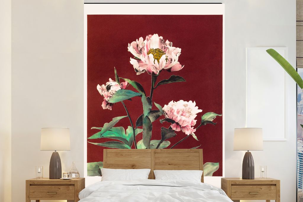 MuchoWow Fototapete für Wohnzimmer oder Schlafzimmer Wandtapete Vinyl Motivtapete Blumen - Pflanzen - Farben - Rot - Vintage - 225x350 cm - Schl...