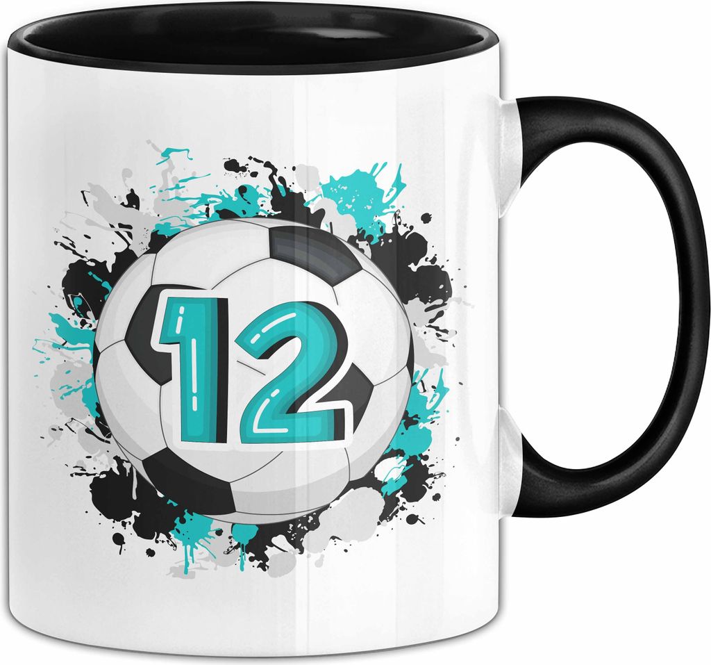 12. Geburtstag Geschenk Tasse Becher Jungs Fußball Geburtstagsgeschenk (Schwarz)