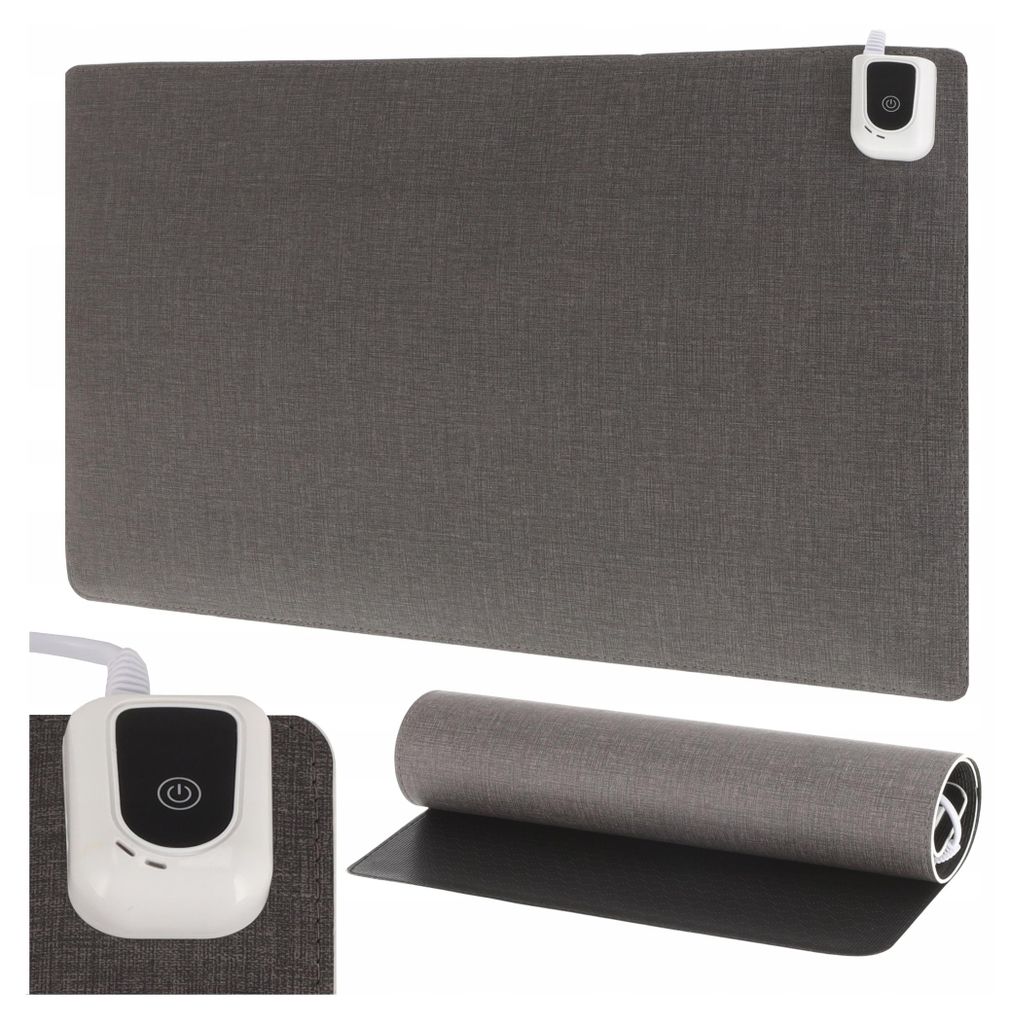 A heated desk mat and its controller are shown, along with a rolled-up mat.