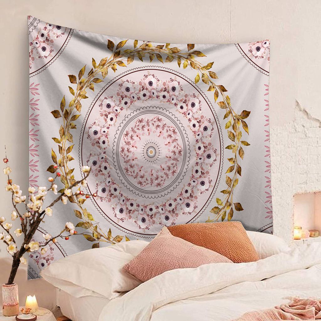 Tapestry Wall Hanging Bohemian, Zodight Mandala Floral Medallion Hippie Tapestry with White Aesthetic Wreath Design,Rosa Tapestry Wall Hanging Bohe...