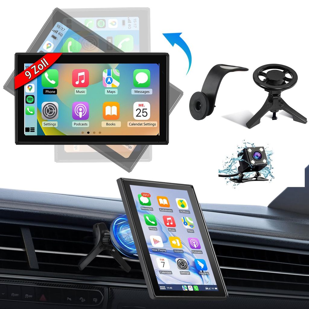 Universal Fahrzeug-Display mit kabellosem Android Auto CarPlay 9 Zoll, Split-Screen, Sprachsteuerung, Online-Navigation