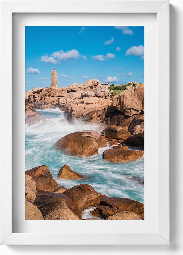 Wasser, Felsen und ein Leuchtturm– Wandbild mit Rahmen – Gerahmtes Bild – Wanddekoration – 20x30 cm – Weiß