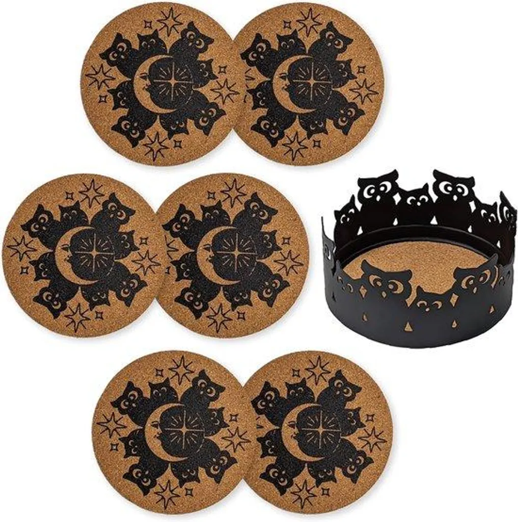 Dessous de verre chouette noire en métal incassable décoratif lot de 6