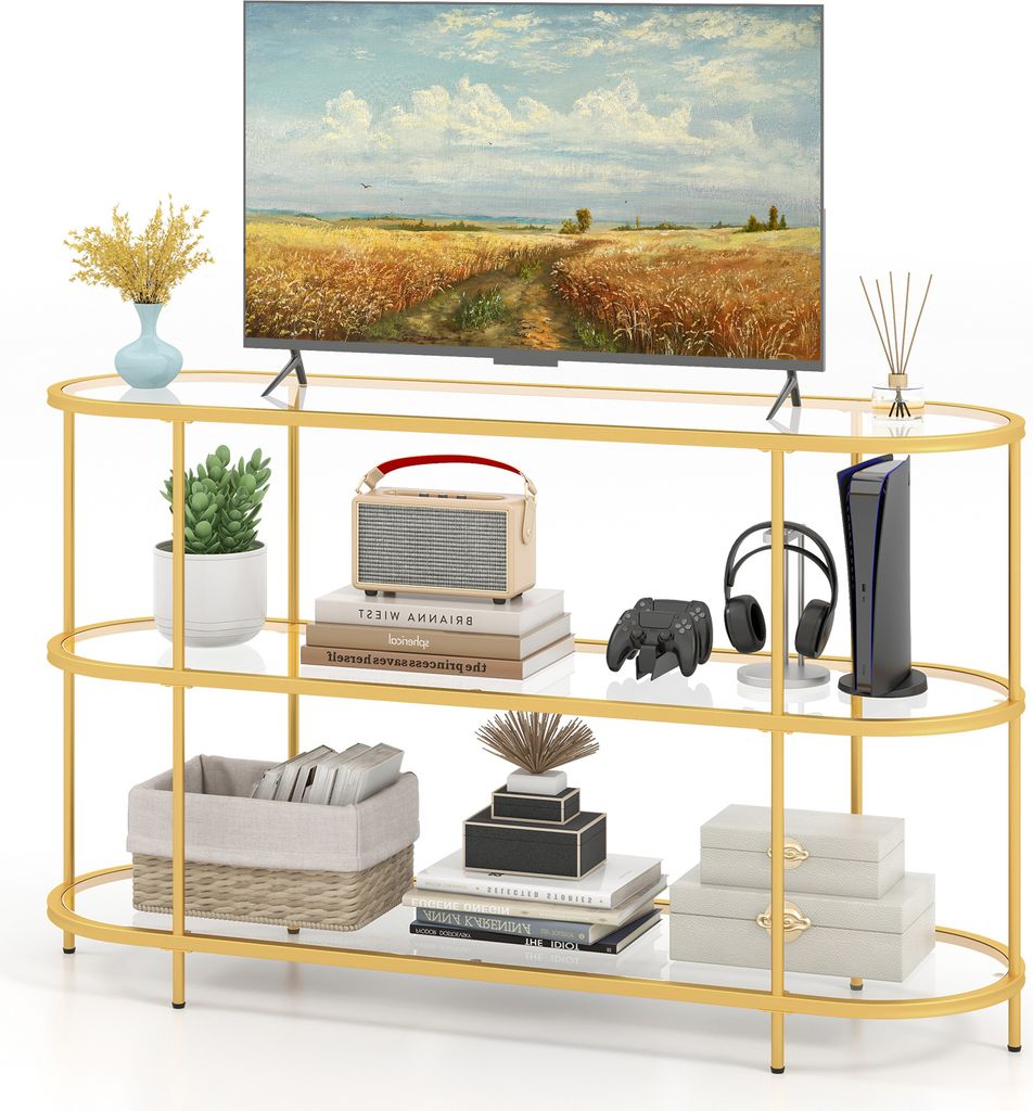 KOMFOTTEU Konsolentisch aus gehärtetem Glas, Eingangtisch Flurtisch 3 Ebenen, TV Regal 140 x 41 x 82 cm, Fernsehentisch für Fernseher bis 65 Zoll