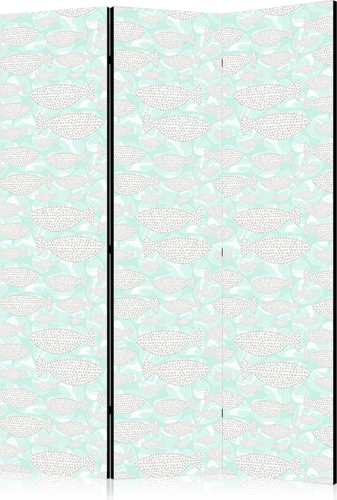 3-teiliger Doppelseitiger Vlies Paravent - Minimalist Fish - Fish of Grey Dots on a Crystal Clear Water Surface in Mint Green Colors 135x172 cm Tie...