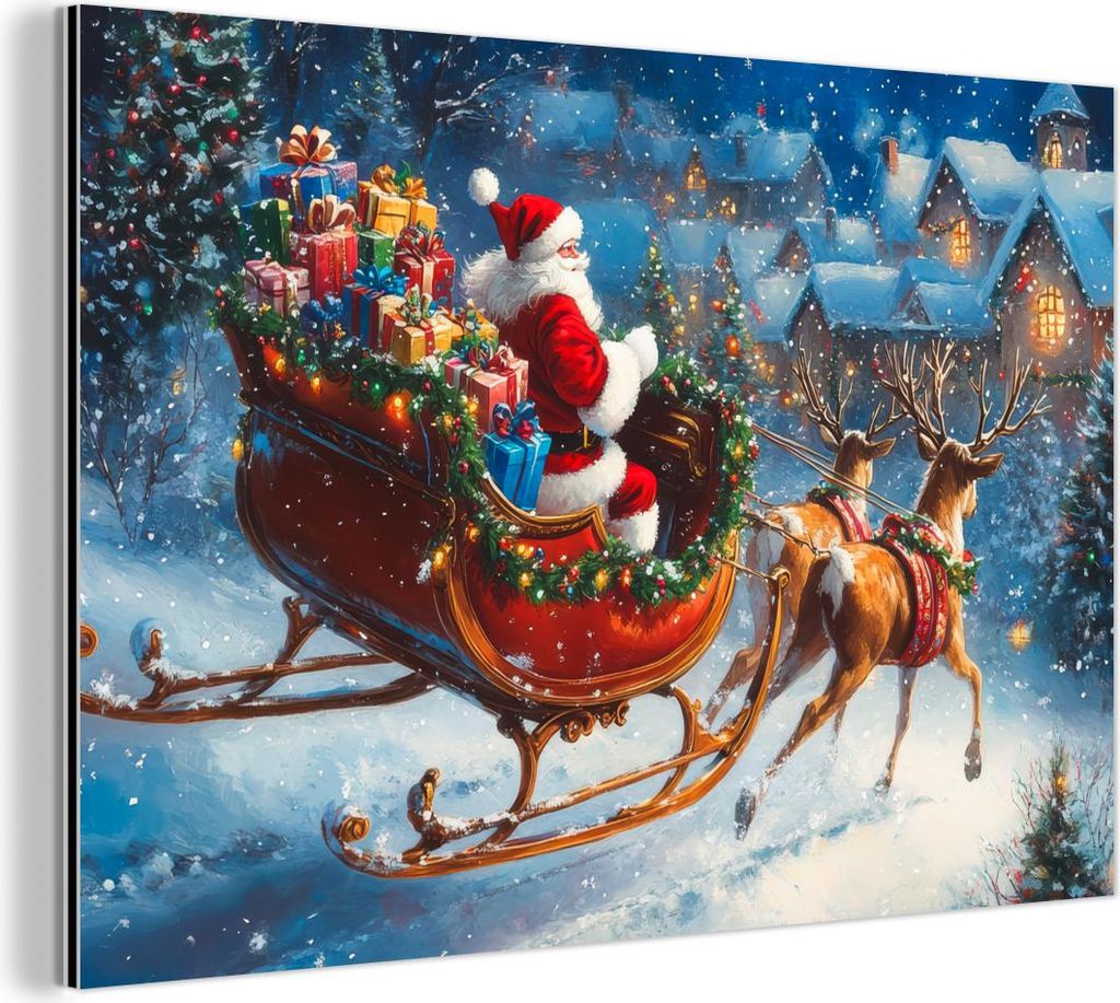 MuchoWow Wanddekoration Metall Metallbild Wandkunst 90x60 cm Weihnachtsmann - Rentier - Weihnachten - Schnee MuchoWow Aluminium Gemälde - Wandbilder