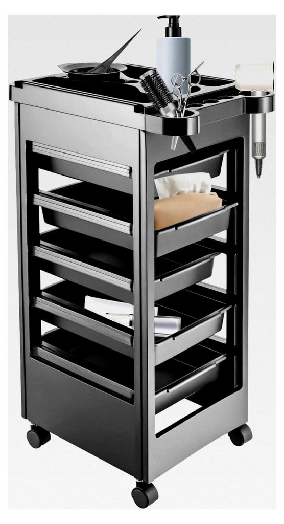 Friseurwagen Schwarz 6 Etagen Salon Trolley mit 5 Schubladen für Stylisten und Haarstyling, 50L*32B*81H cm