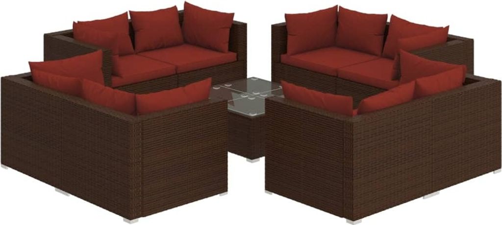 9-tlg. Garten-Lounge-Set mit Kissen Poly Rattan Braun