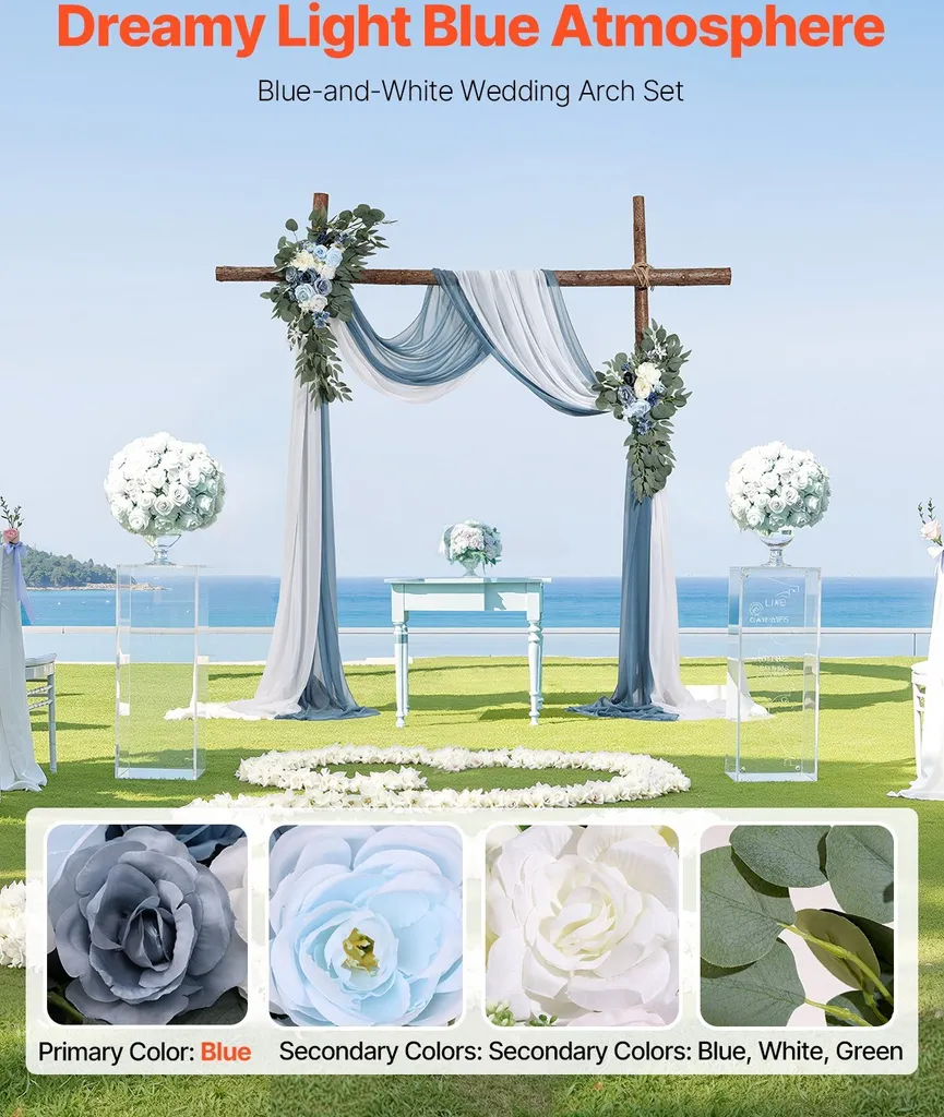 Set de 2 Fleurs Artificielles et 2 Rideaux Bleus pour Arche de Mariage - 2
