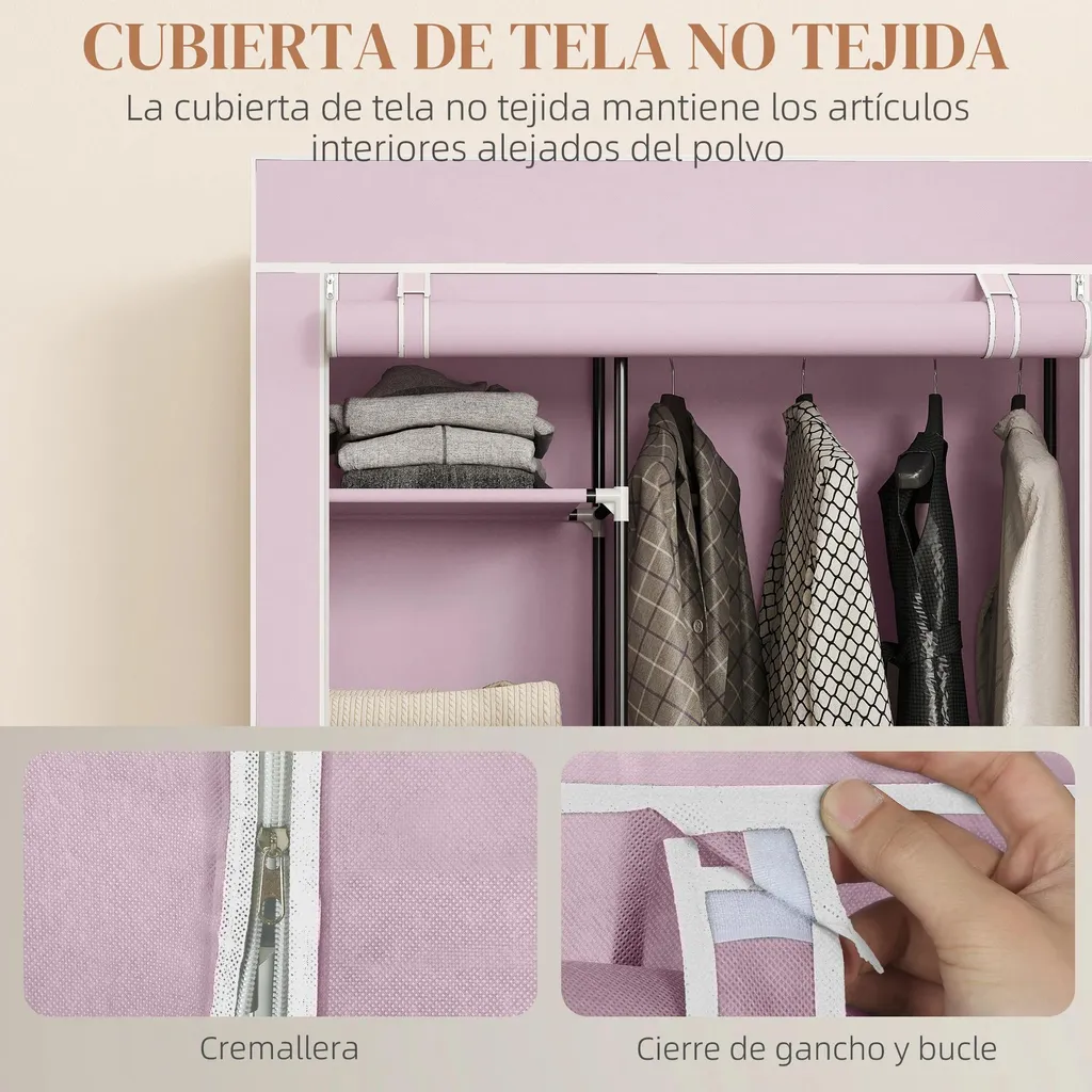 Armoire en tissu mobile à roulettes rose avec 6 étagères 103x43x162cm