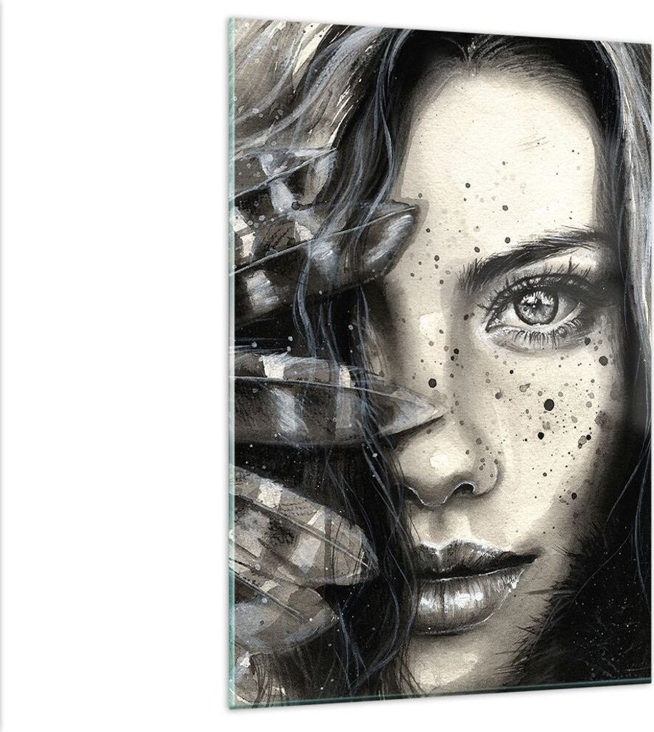 Bilder auf glas - Einteilig - Frau Federn Lippen Kunst. - 80x120cm - Glasbilder - Wandbilder - Bilder - Wanddekoration aus Glas - Glas Bilder - Wan...