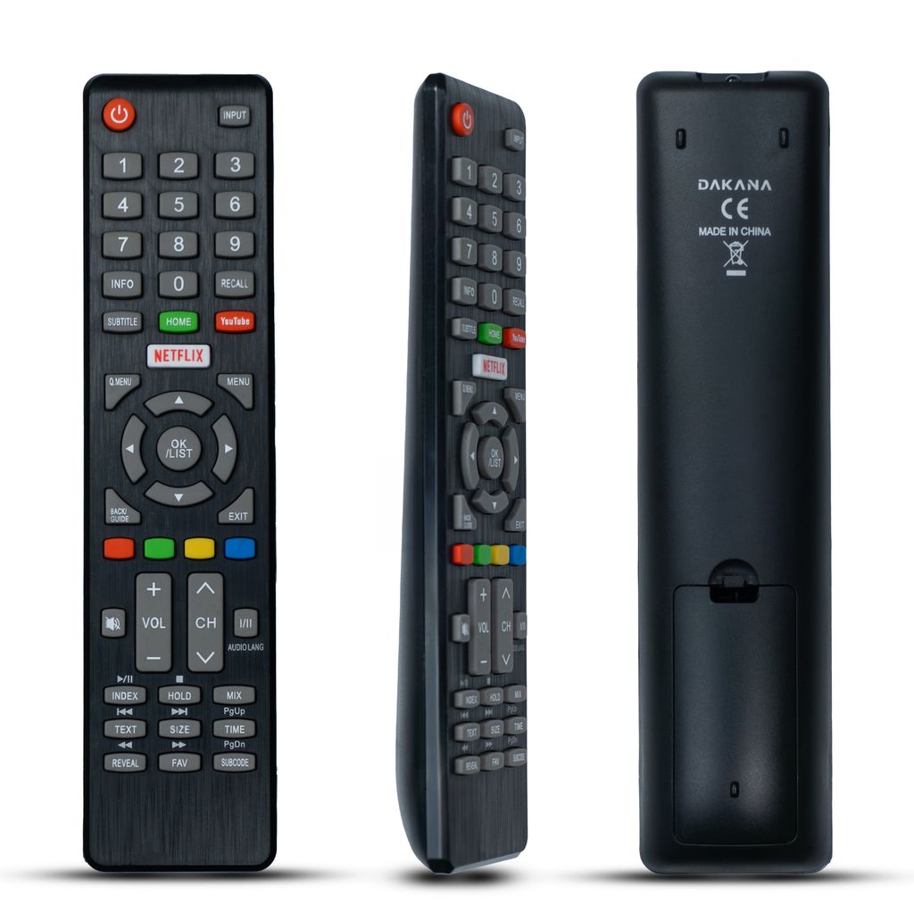 Three views of a black remote control against a white background.