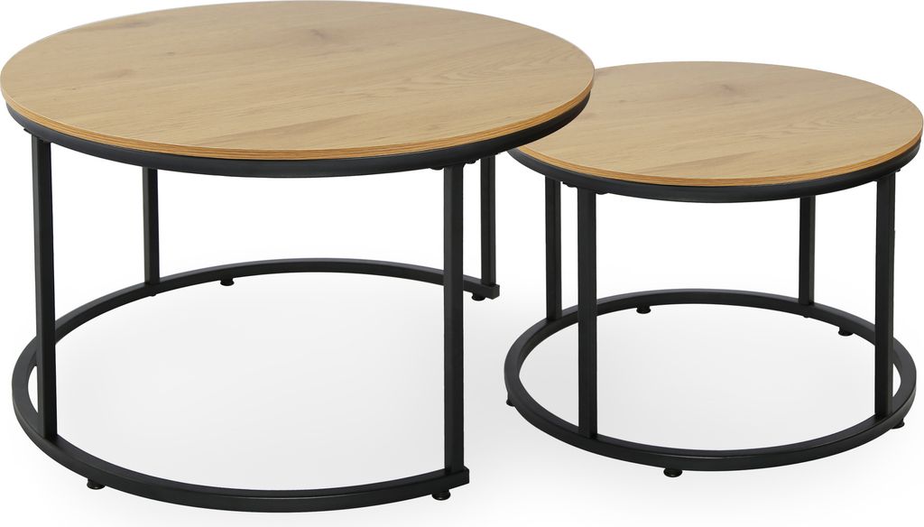 Couchtisch 2er Set aus Holz Wohnzimmertisch Modern in Beistelltisch Set 2 in 1 mit Metallgestell für Wohnzimmer, rund, Eiche hell