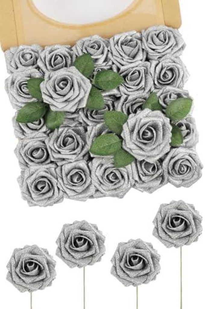 Künstliche Blumen Glitter Rose, 25 Stück Medium Silver Produktbild 