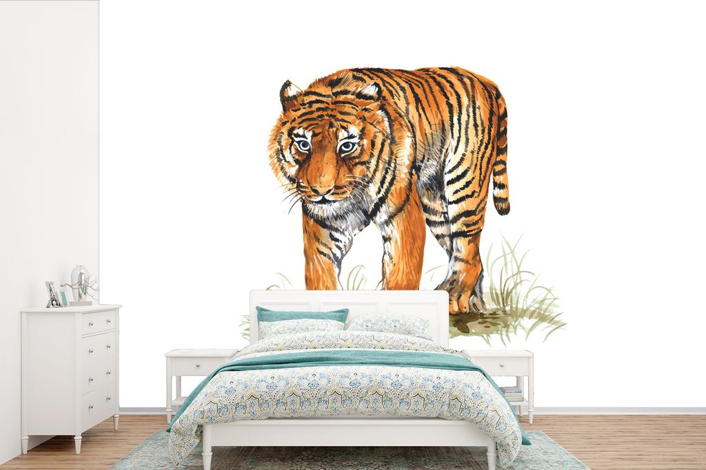 MuchoWow Fototapete für Wohnzimmer oder Schlafzimmer Wandtapete Vinyl Motivtapete Tiger - Gras - Bild - 420x280 cm - Zimmer für Kinder