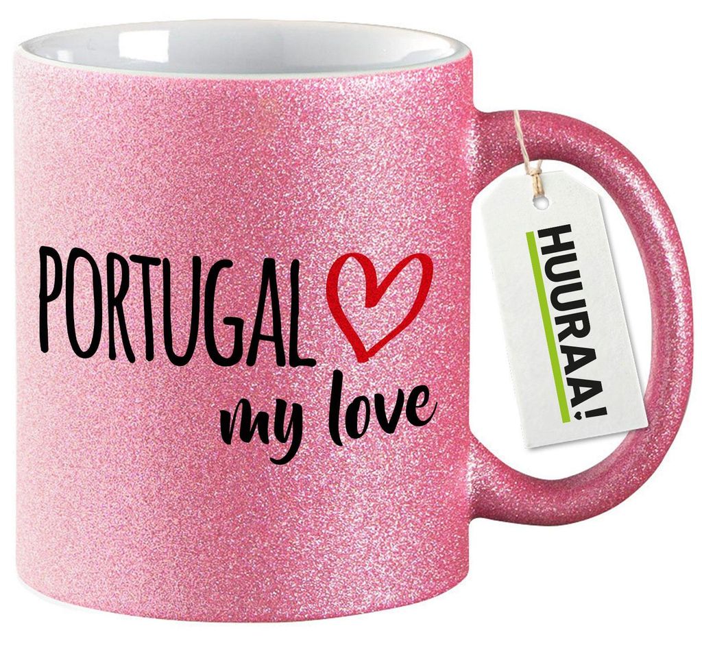 Huuraa Glitzertasse Portugal my love 330ml Pink Keramik Kaffeebecher Geschenkidee