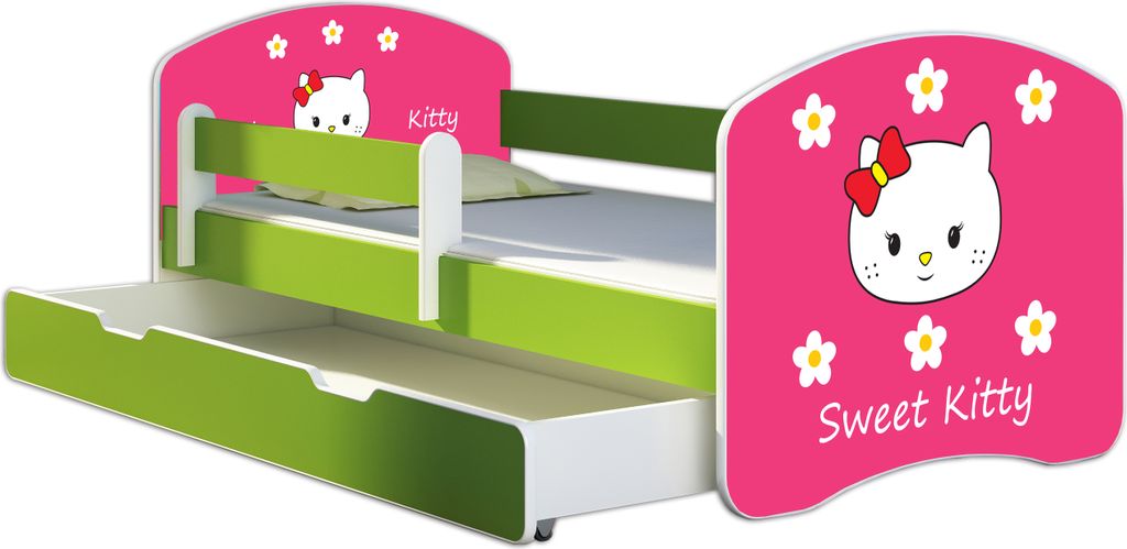 ACMA Jugendbett Kinderbett Junior-Bett Komplett-Set mit Matratze Lattenrost und Rausfallschutz Grün 16 Sweet Kitty 2 160x80 + Bettkasten
