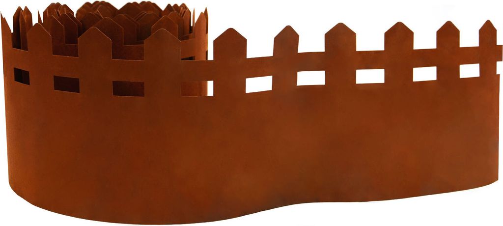 A rust-colored garden border with a picket fence design.