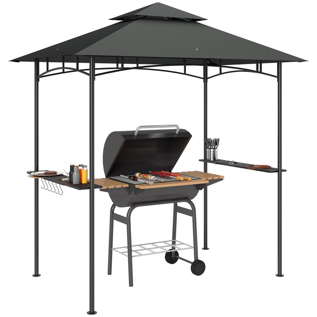 Outsunny Grillpavillon mit LED 240 x 150 x 258 cm wasserabweisend flammhemmend Gartenpavillon mit Doppelschichtdach, Seitenregalen, Gartenlauben