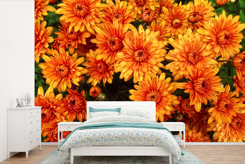 MuchoWow Fototapete für Wohnzimmer oder Schlafzimmer Wandtapete Vinyl Motivtapete Blumen - Orange - Chrysantheme - 330x220 cm - Fototapeten