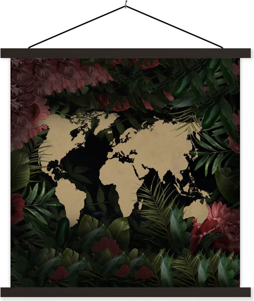 MuchoWow Textilposter Weltkarte - Pflanzen - Blumen 120x120 cm mit schwarzem Rahmen - Aufhängungsset