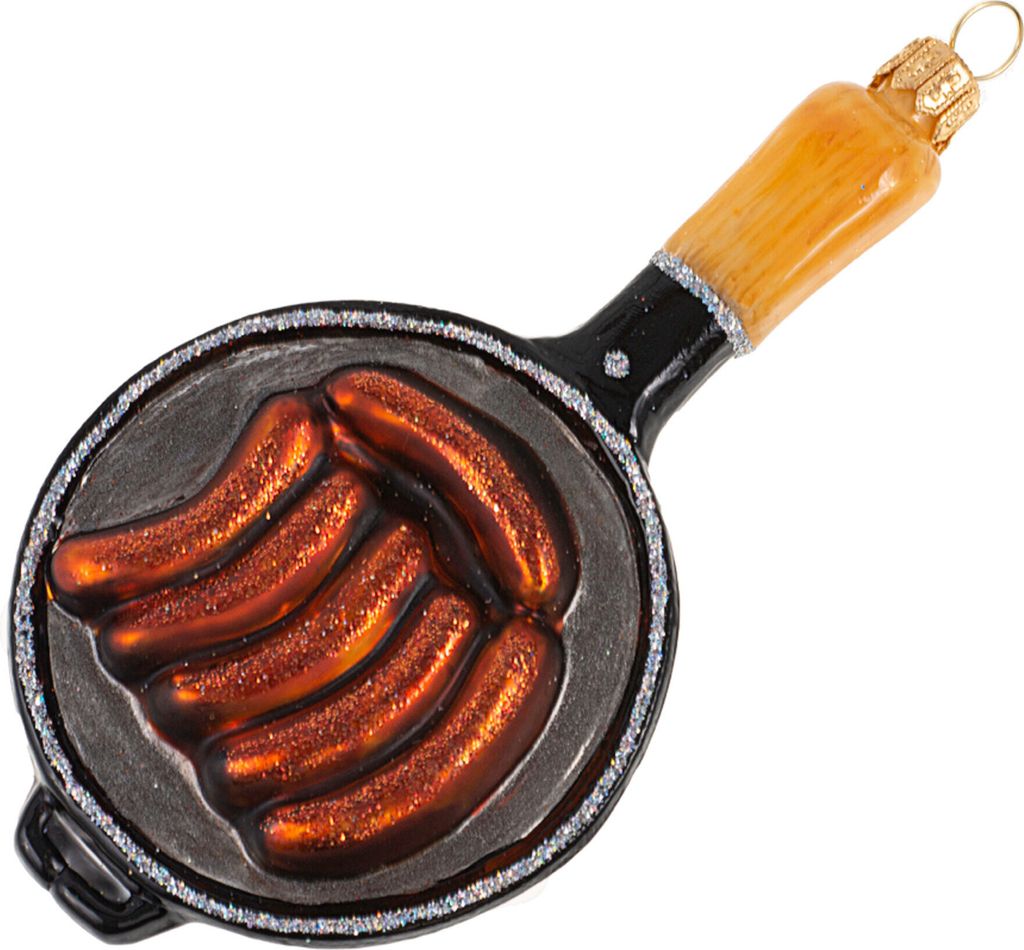 Christbaumschmuck Würstchen Pfanne 12cm Glas Figur Schwarz / Braun