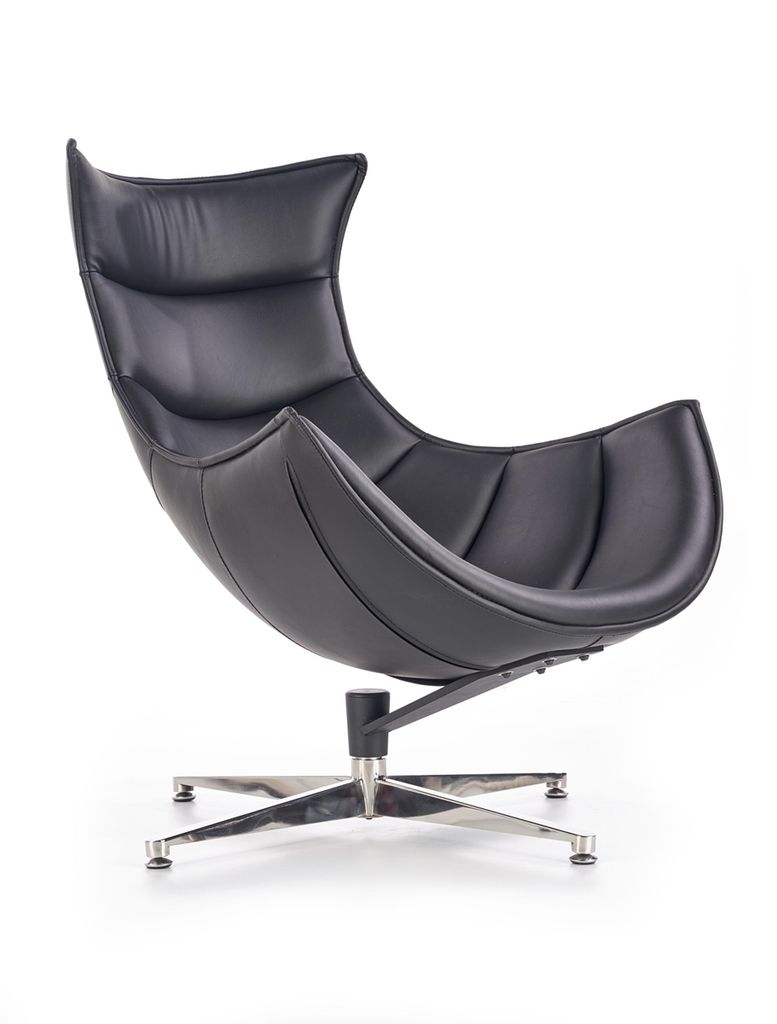 A black leather armchair on a white background.