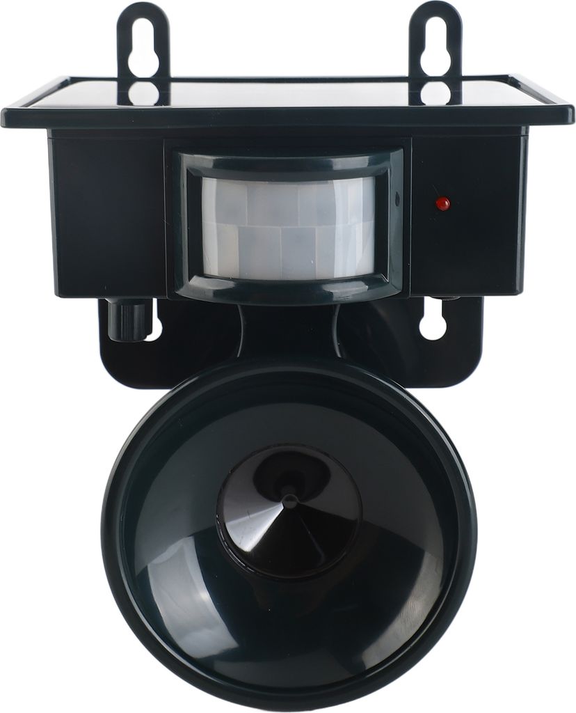A black solar-powered pest repeller with a motion sensor and speaker.