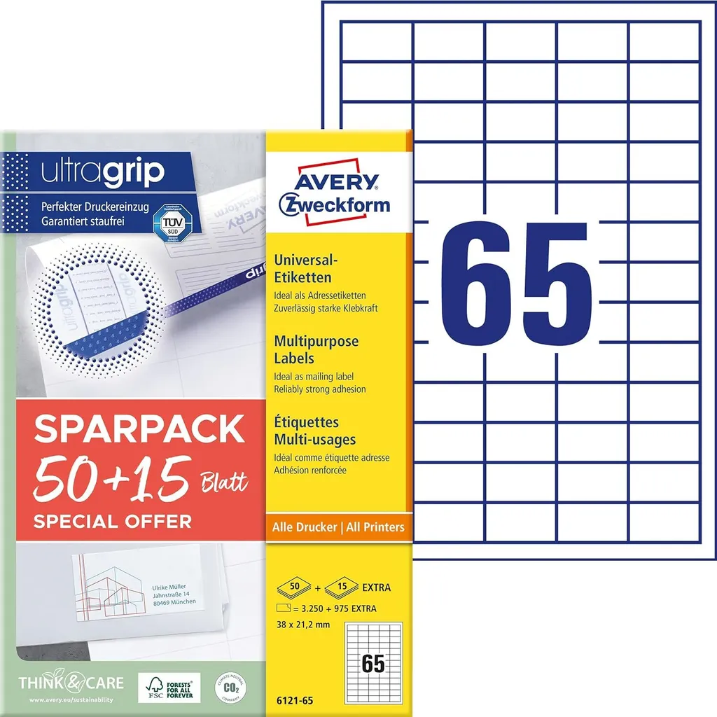 Avery Zweckform 6121-65 Etichette Universali 38x21.2mm | 65 Fogli
