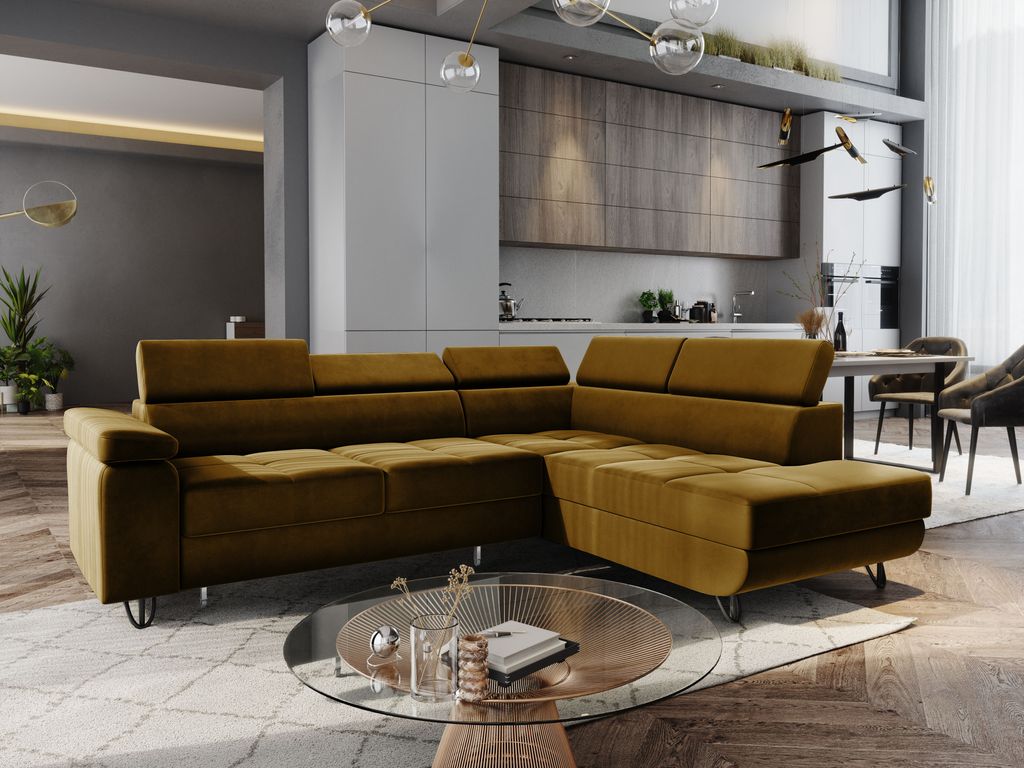 Ecksofa JUNIOR L-form Farbe Gold Gelb Monolith 48 Eckouch mit Schlaffunktion und Bettkasten, Ecksofa mit Verstellbare Kopfstützen, Wohnzimmer Pols...
