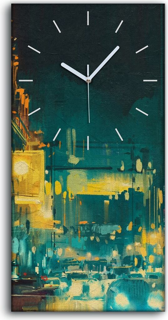 Wanduhr Leinwand Bild Uhr Kunstdruck 30x60 bunte Licht der Stadt mit Gebäuden - weiße Hände