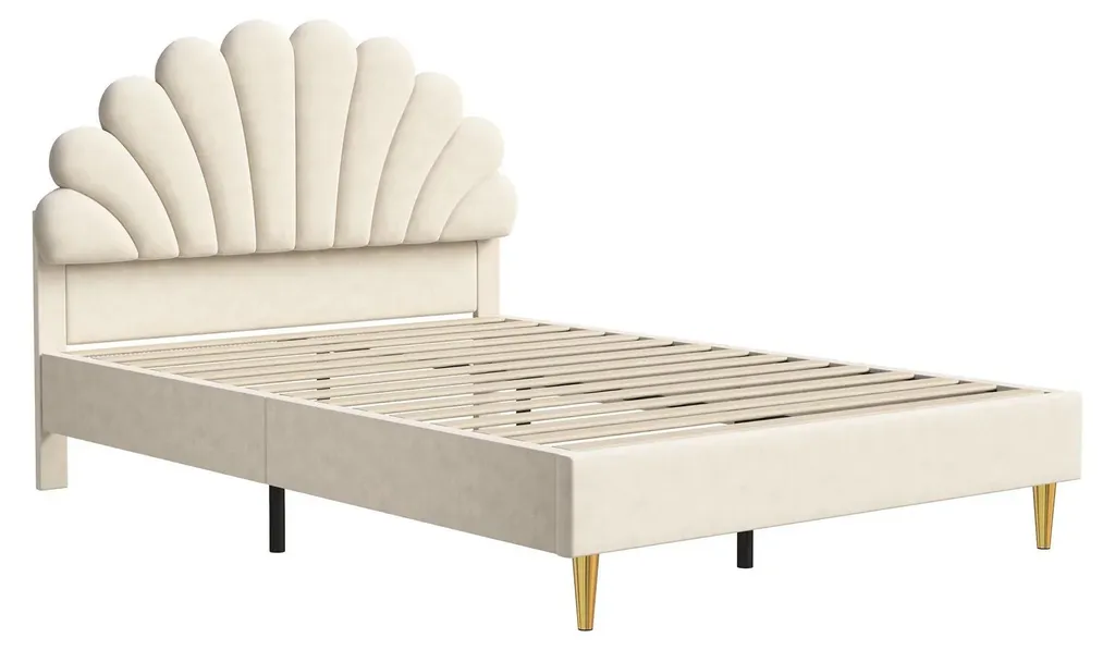 Lit double 140x200cm beige en velours avec sommier à lattes - Fleur