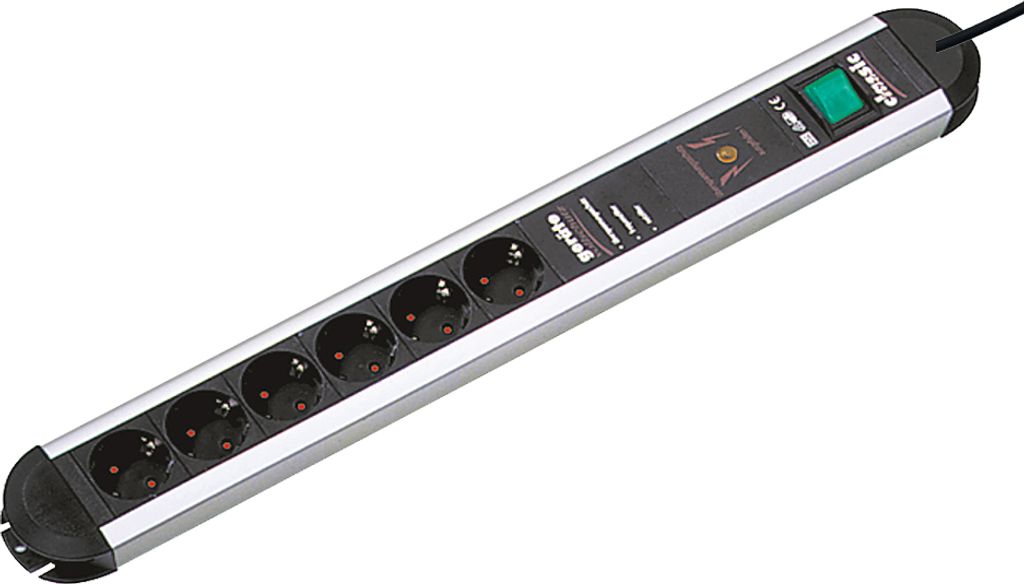 A power strip with multiple outlets and a switch is shown against a white background.