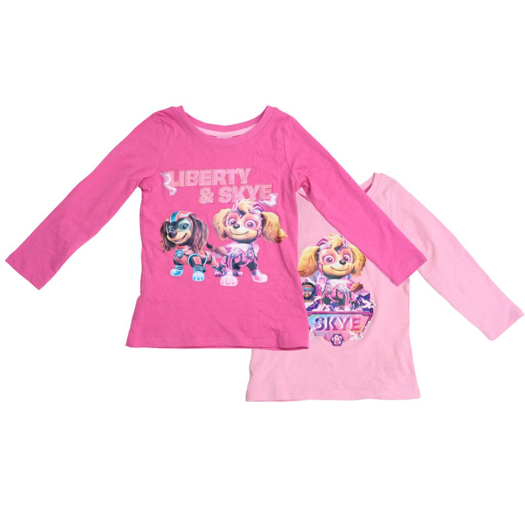 Two long-sleeved t-shirts for children, one pink and one light pink, with Paw Patrol characters printed on them.