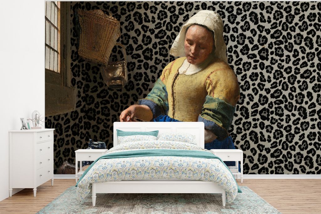 MuchoWow Fototapete für Wohnzimmer oder Schlafzimmer Wandtapete Vinyl Motivtapete Milchmädchen - Kunst - Pantherdruck - Vermeer - Gemälde - Al...