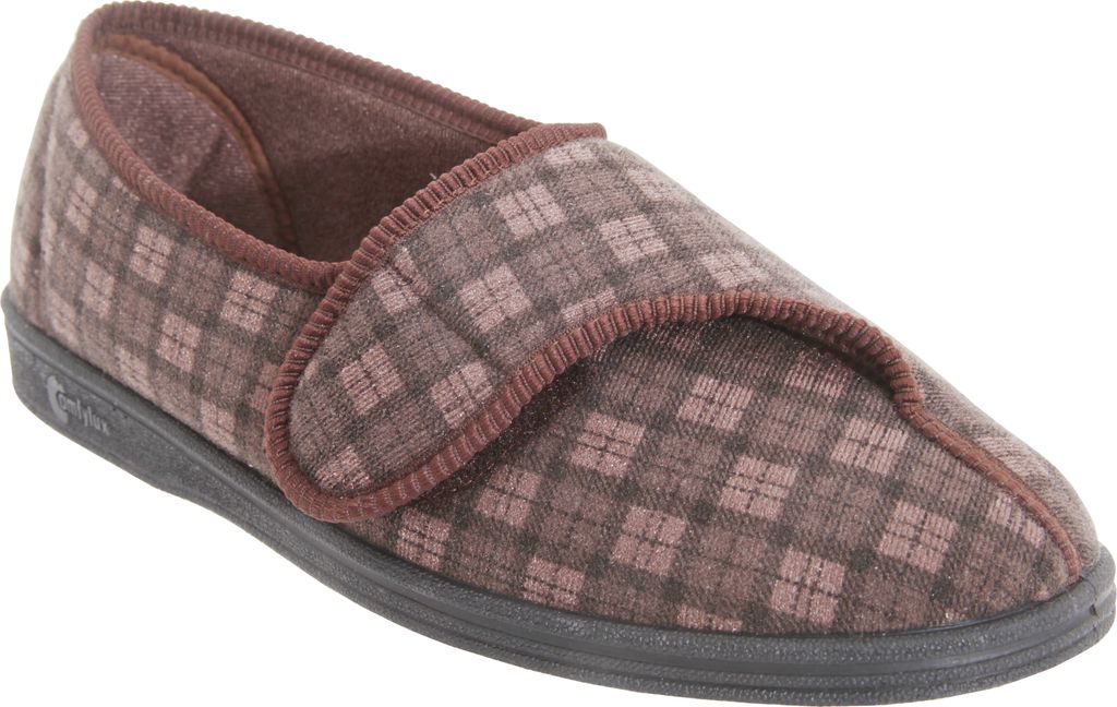 Comfylux Herren Paul Hausschuhe / Pantoffeln mit Klettverschluss, kariert DF815 (40 EU) (Dunkelbraun)