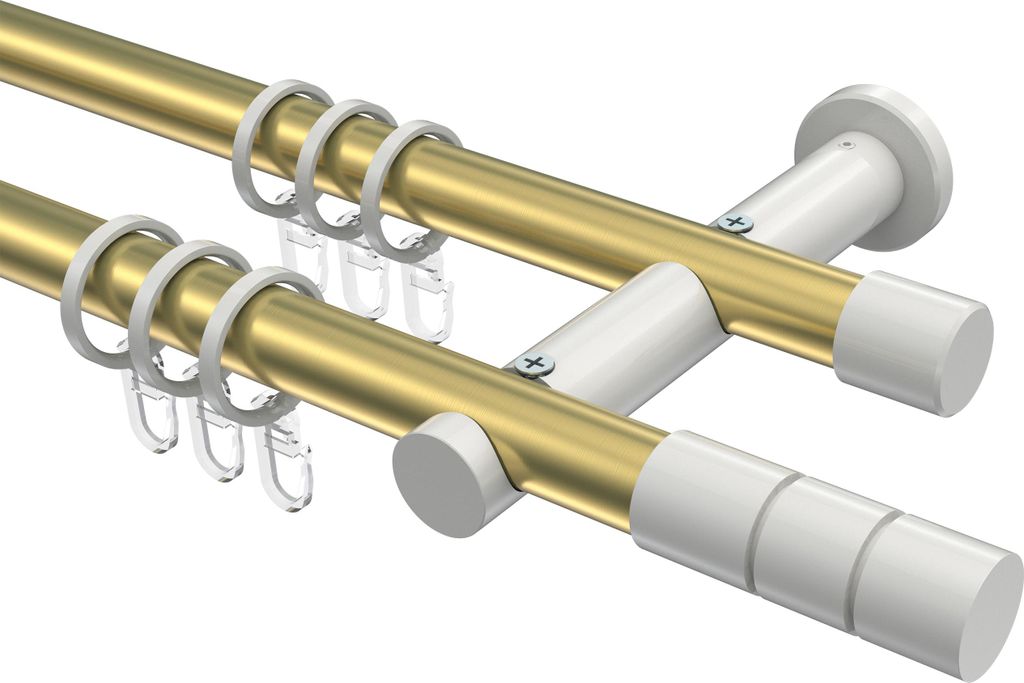 Interdeco Gardinenstange / Vorhangstange Messing-Optik / Weiß, Typ Platon Elanto (Rillenzylinder), 20 mm Ø 2-läufig, 140 cm