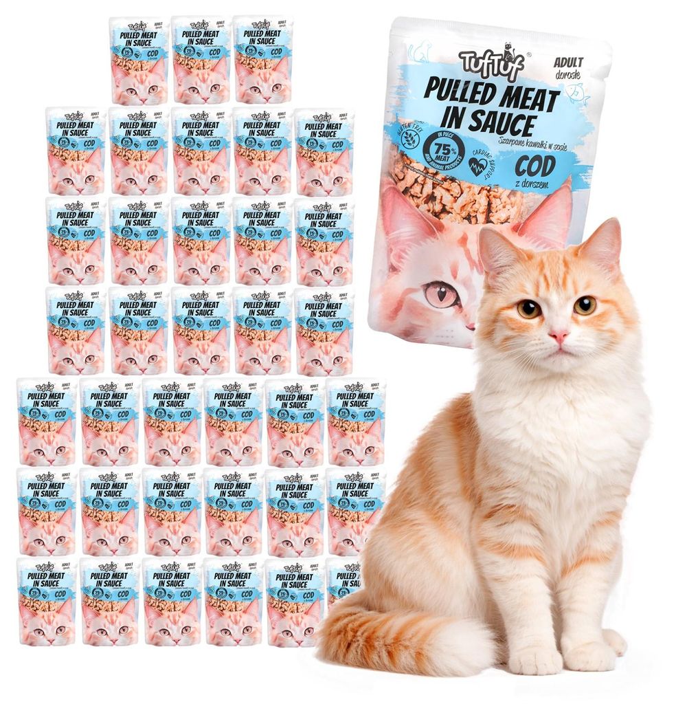 Tuftuf | Mokra Karma für Katzen - 40x100g - Zerrissene Stücke mit Kabeljau - Nassfutter - Meeresfestmahl