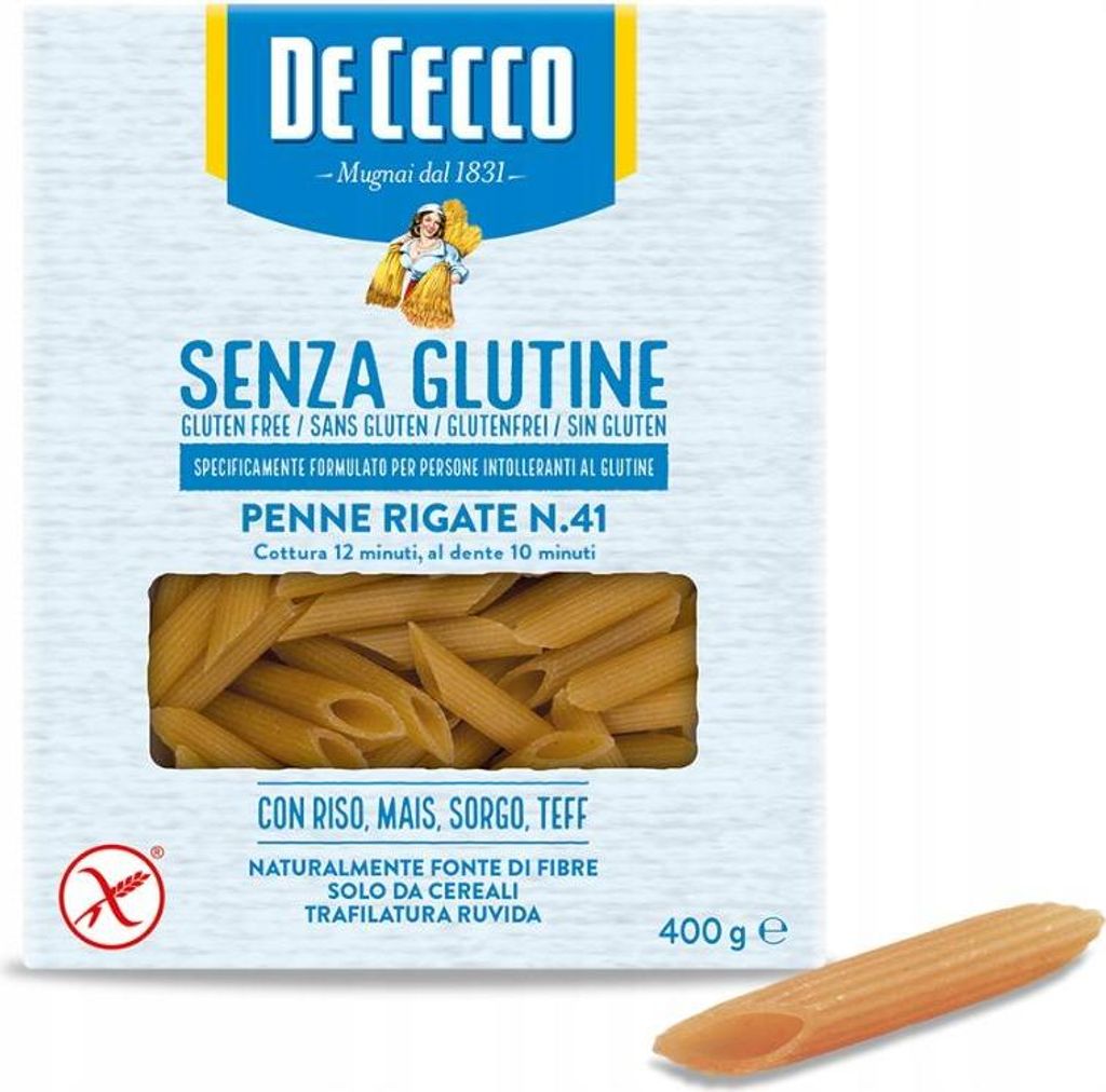 A box of De Cecco gluten-free penne rigate pasta, with a single piece of pasta shown in the foreground.