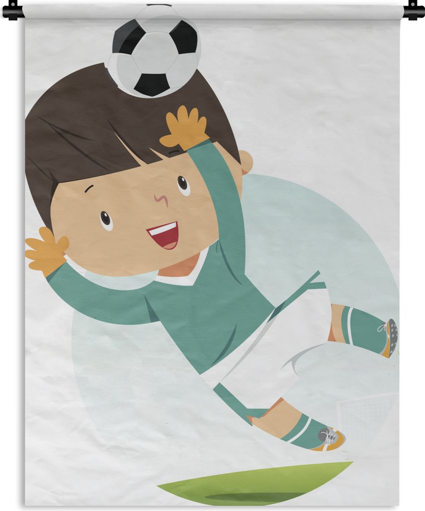 MuchoWow Wandteppich Wandbehang Illustration eines Fußball spielenden Kindes - Kinder - Baby - Jungen - Mädchen 150x200 cm Tapisserie Dekoratio...